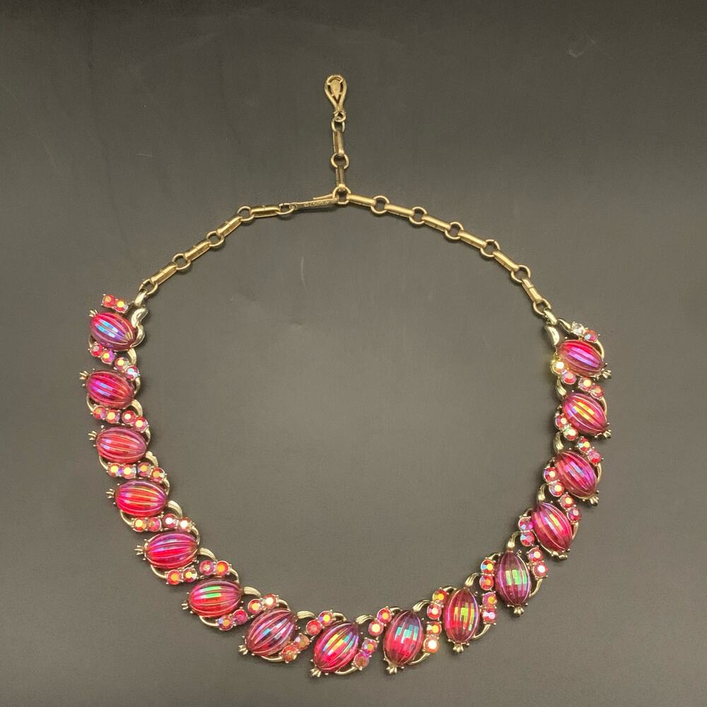 Vintage Signed Coro Melon Red AB Aurora Borealis Iridescent Rhinestone Necklace - Picture 12 of 16
